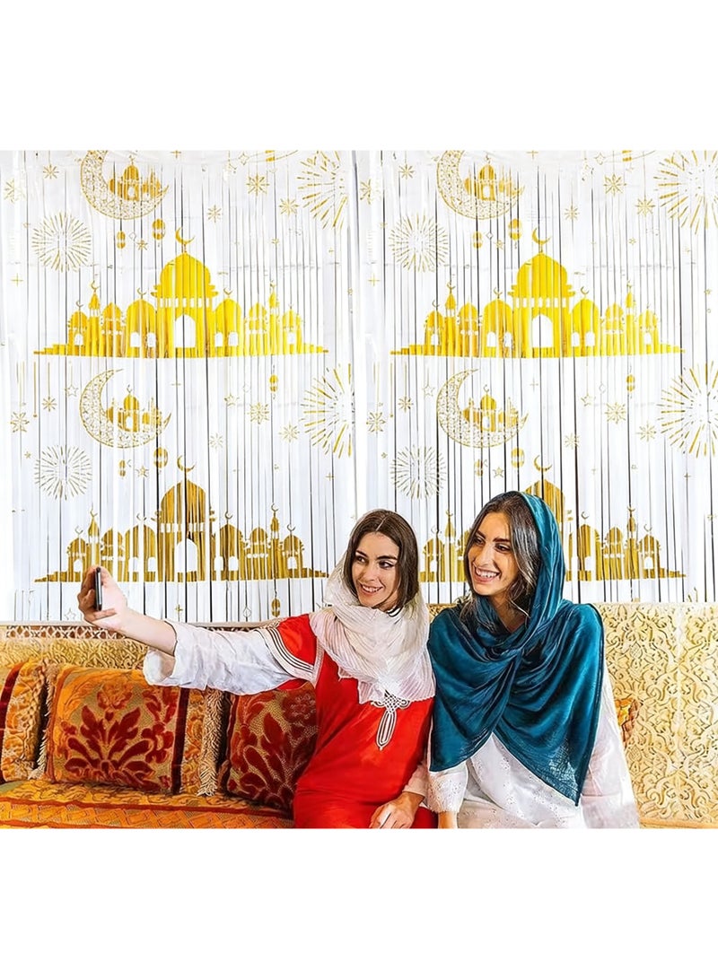 زينة حائط لامعة 1 قطعة وستارة خيوط، شرائط بلاستيكية لاحتفالات رمضان وعيد الفطر، زينة حفلات، إعداد سهل للاحتفالات في عيد الفطر ورمضان (أبيض) - Image 3
